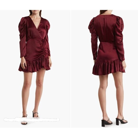New Steve Madden Size L Nyla Long Sleeve Dress A faux-wrap scrunched skirt Wine - Picture 1 of 14